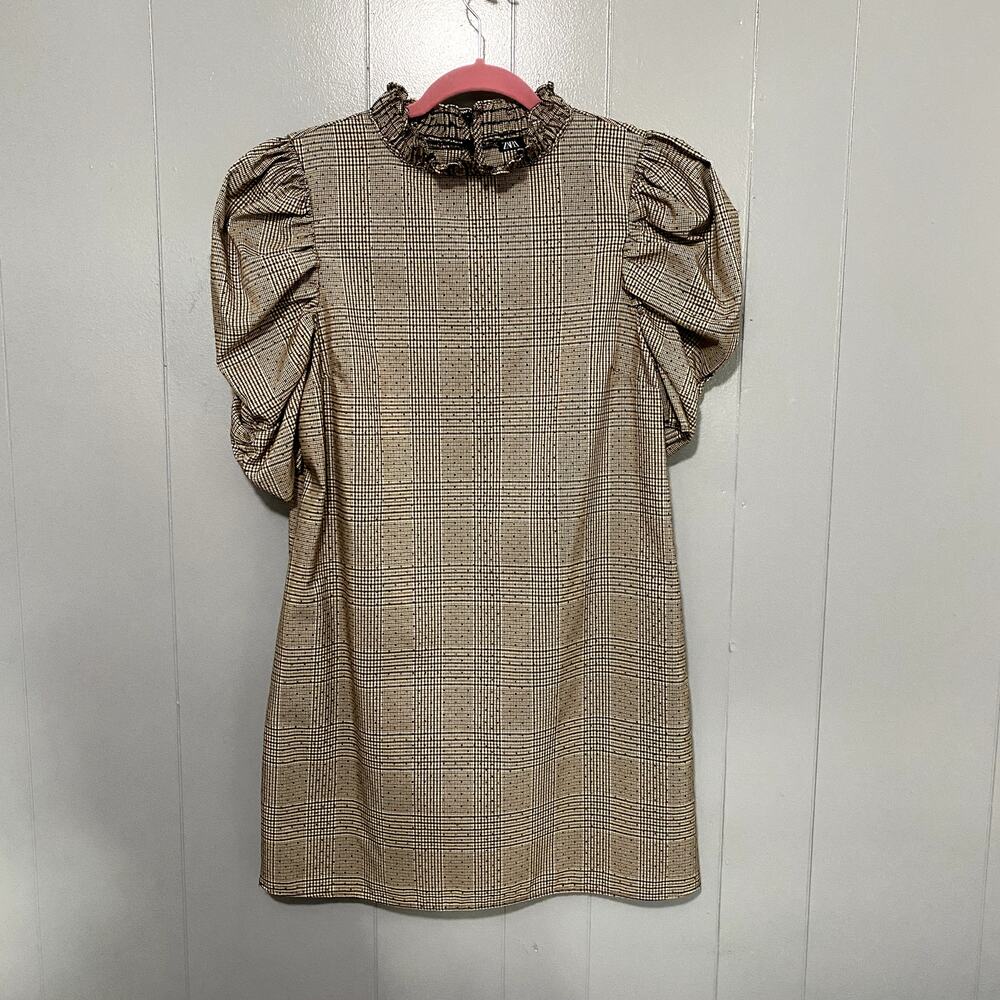Zara Brown Plaid Puff Sleeves High Neck Classic Minimalist Shift Mini Dress S